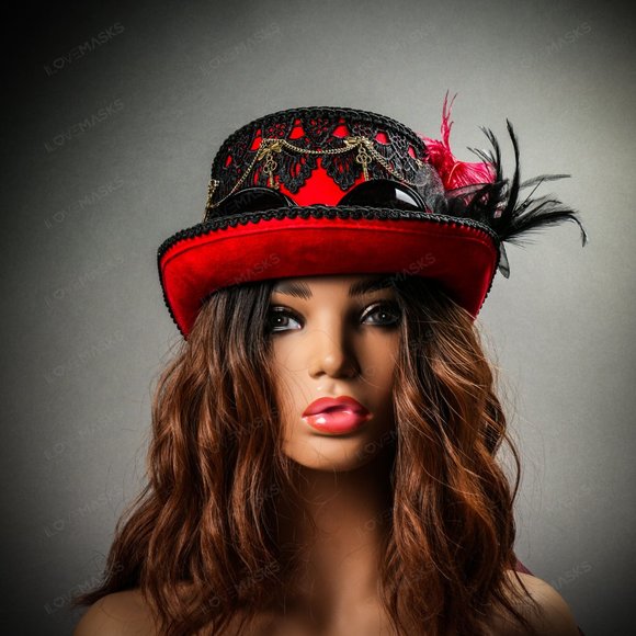 Lace Feather Victoria Steampunk Top Hat Goggle Red - Picture 2 of 9